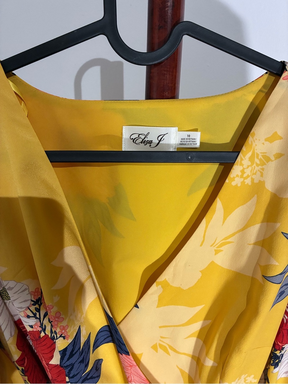 Eliza J Yellow Floral Wrap Dress with Red & Navy Accents
